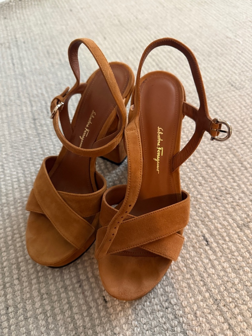 Salvatore Ferragamo Cognac Suede Cross-Strap Block Heel Sandals